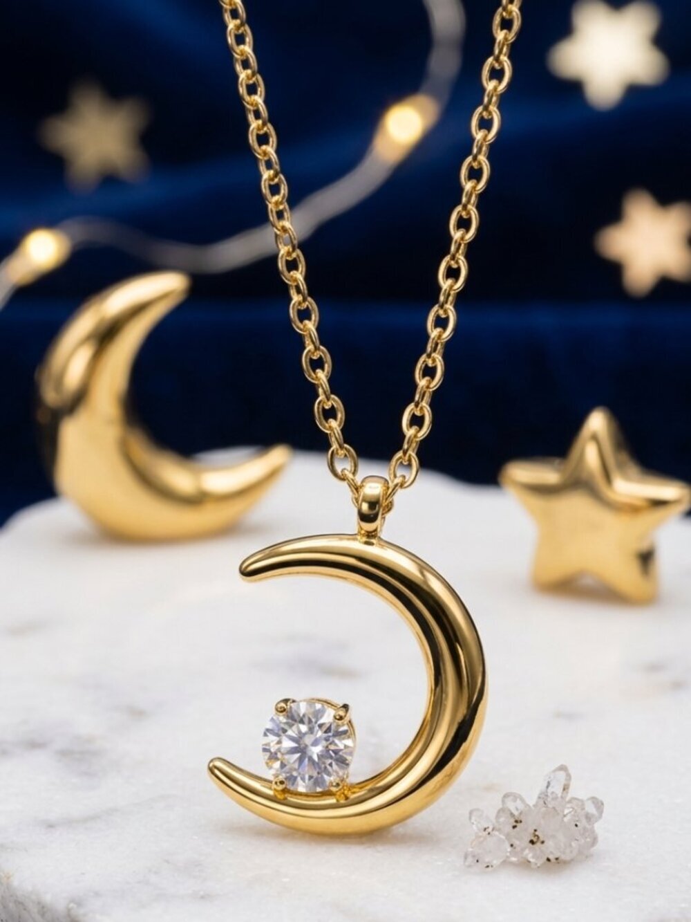 Gold Crescent Moon Necklace CZ Pendant Dainty Celestial Layering Adjustable 16"
